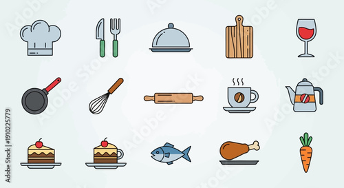Assorted culinary icons featuring kitchen utensils and food items displayed together in a visually appealing arrangement