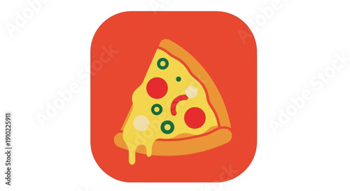 A delicious slice of pizza with melted cheese and toppings on a red background illustration viewed from directly above