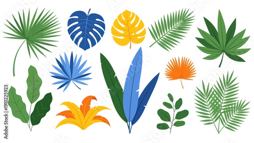 Collection of Diverse Tropical Plant Leaves in Various Colors and Shapes.