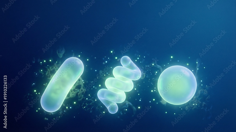 Fototapeta premium Glowing bacteria cells in blue background with green particles