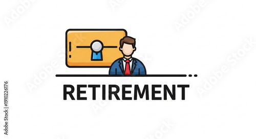 Retirement concept illustration with man in suit and wallet icon on white background symbolizing financial planning and savings for old age
