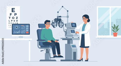 Optometrist Using Eye Testing Equipment
Flat vector illustration of an optometrist using specialized eye testing equipment on a patient. Machine and chair visible. Flat vector style, modern healthcare