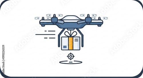 Drone delivering gift box with bow precise targeting icon below motion lines indicating movement minimalist style