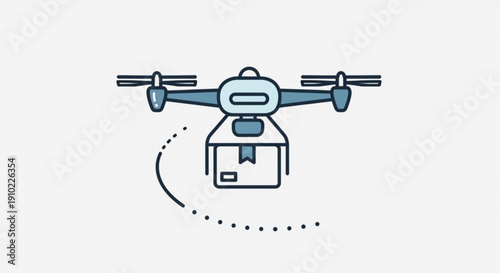 Drone delivering package with dotted path indicating movement against a clean white background symbolizing modern logistics and technology