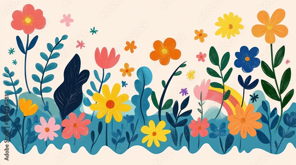 Naklejka premium cheerful whimsical meadow of colorful hand-drawn flowers, leafy plants, little stars and a small rainbow on a soft pastel background