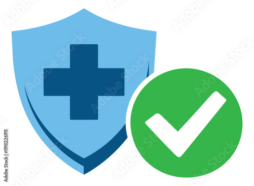 Graphic illustration of a medical shield and checkmark depicting health protection for healthcare safety