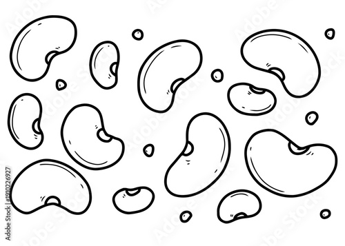 Hand-drawn outline illustration of various beans scattered on a white background, depicting legumes in a simple doodle style.