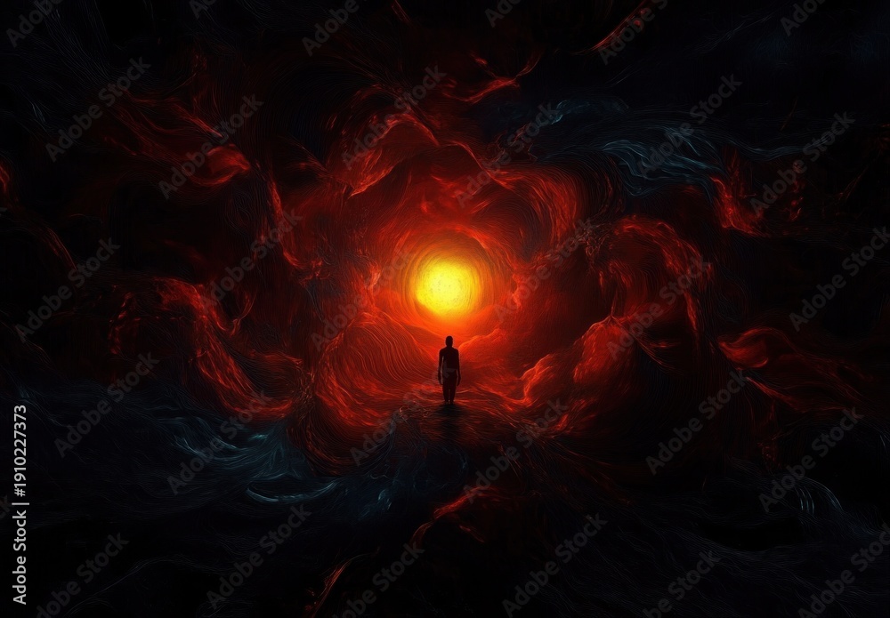 Fototapeta premium Solitary silhouette standing in a swirling dark red tunnel facing a glowing golden orb, evoking awe, mystery and contemplative solitude