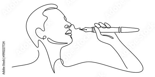 Continuous line drawing of a person holding a fountain pen near their face with artistic style Vector, illustration