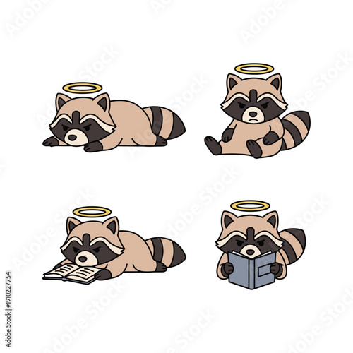 Cartoon raccoons with halos relaxing in various poses on a white background