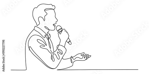 Continuous line drawing of a male speaker holding a microphone and gesturing while speaking. Vector, illustration