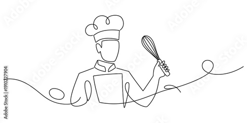 Minimalist continuous line drawing of a professional chef holding a whisk in his hand.