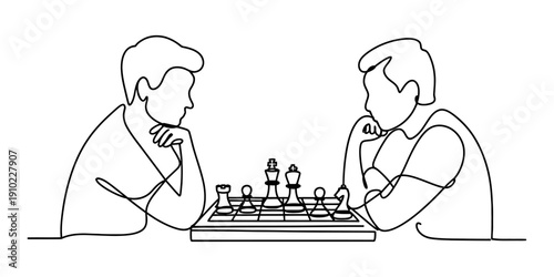 Continuous line drawing of two men sitting across a table and playing a game of chess
