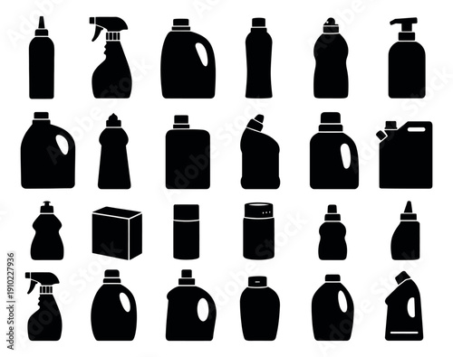 Minimalist silhouette cleaning product bottle set featuring various household chemical containers for packaging and branding