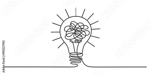 Continuous line drawing of a light bulb with a tangled scribble inside representing complex ideas