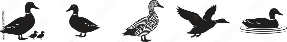 Fototapeta premium Black and white duck silhouettes in various poses