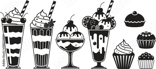 Delicious desserts and sweet treats in black and white