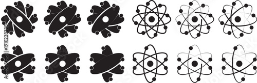 atom icon set. Atomic structure symbols. Simple black and white illustration of an atom with orbiting electrons around a nucleus. Simplified black and white atom representation with electrons orbiting