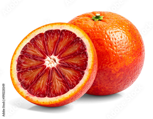 Blood orange isolated on transparent background in high resolution png format. Fresh ripe citrus fruit with red interior and peel texture, organic vitamin nutrition concept for stock use.