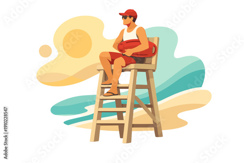 Male lifeguard sitting on chair holding rescue buoy watching.