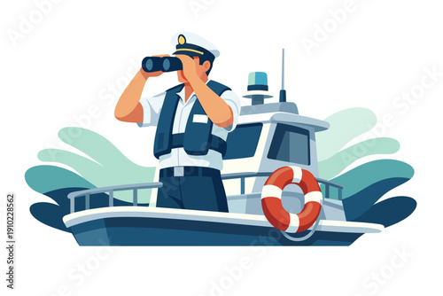 Man in uniform looking through binoculars on a boat.