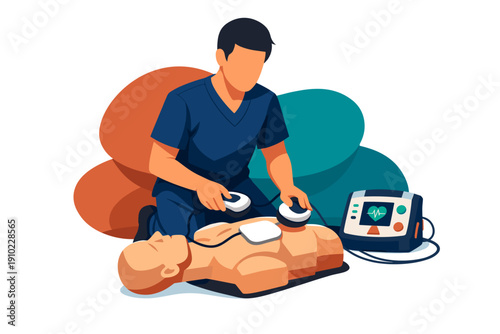 Man performs cardiopulmonary resuscitation on a dummy with AED machine.