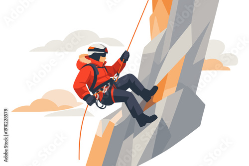 Man rappelling down a steep rocky cliff face wearing climbing gear.