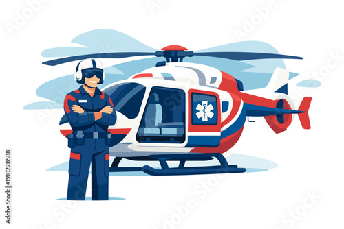 Paramedic standing next to medical helicopter ready for rescue.