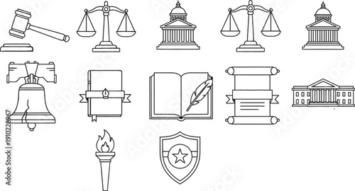 Justice and law icons including scales, gavel, court buildings