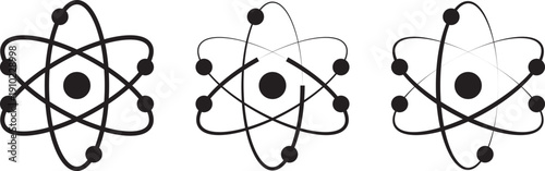 atom icon set. Atomic structure symbols. Simple black and white illustration of an atom with orbiting electrons around a nucleus