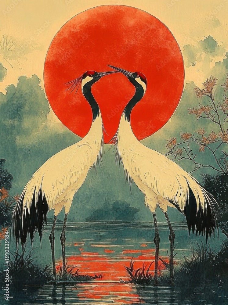 Fototapeta premium Two elegant red-crowned cranes touching beaks in a shallow marsh beneath a large glowing red sun, misty trees and reeds reflected in still water, evoking a serene romantic mood