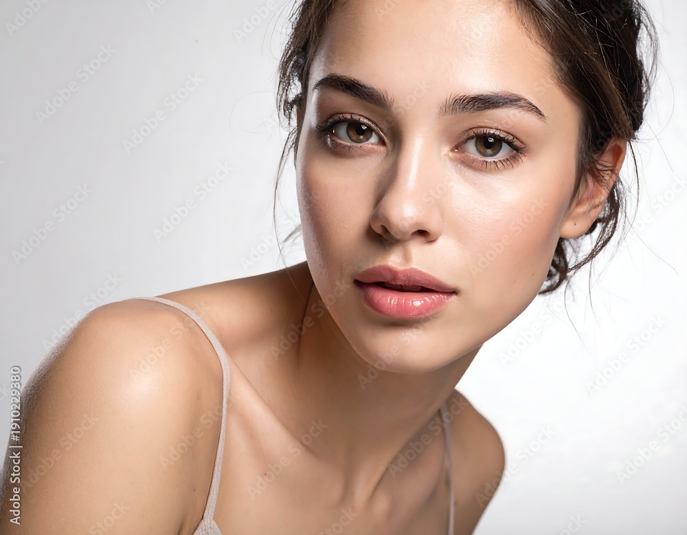 Naklejka premium A young woman with a delicate complexion and soft features poses against a neutral backdrop, looking directly at the viewer