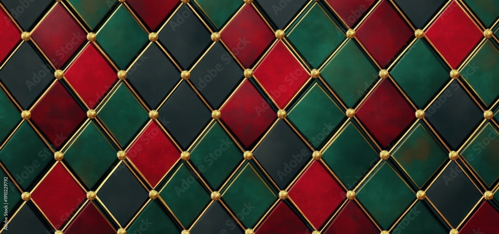 Obraz premium luxurious quilted diamond pattern of red, green, and dark panels separated by gold trim and decorative gold studs, conveying elegant festive opulence