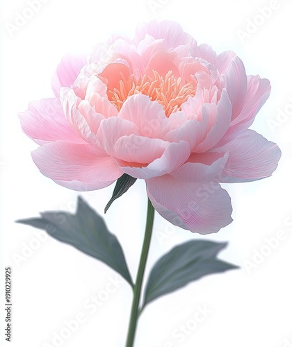 single soft pink peony bloom with layered delicate petals, visible golden stamen, green stem and leaves, serene romantic mood on a bright light background