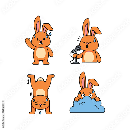 Cartoon bunny experiencing heatwave and dehydration in summer