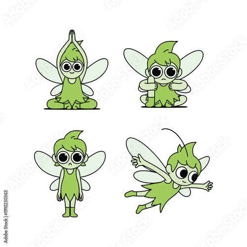 Cartoon green fairy character in various poses with wings and copy space