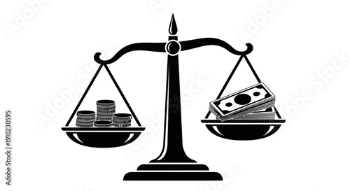 Scales of justice with coins and banknotes illustration.