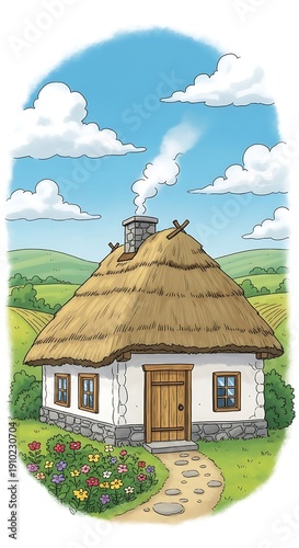 Traditional Cottage in Green Landscape.