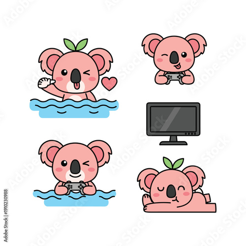 Canvas Print Cute cartoon koalas in various poses with computer monitor on white background