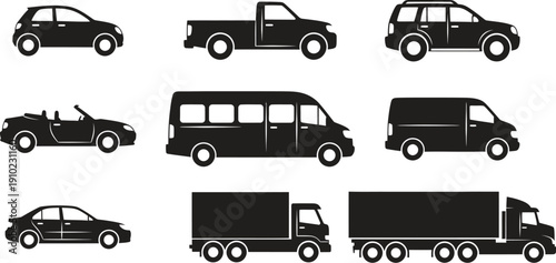 Various vehicles including cars, trucks, and a bus in black silhouettes
