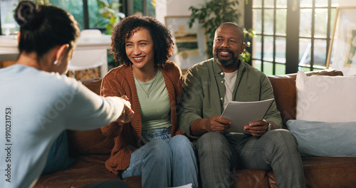 Konstfotografi Consulting, handshake or meeting with African couple and financial advisor in home living room for agreement
