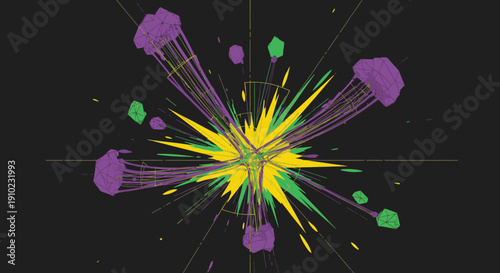Vibrant purple, green, and yellow lines explode from a central point, creating an abstract digital burst of energy and celebration against a dark background.