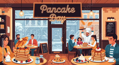 Illustration of people enjoying pancakes at tables in a cozy restaurant on Pancake Day with a festive atmosphere and stacks of thin flat cakes.
