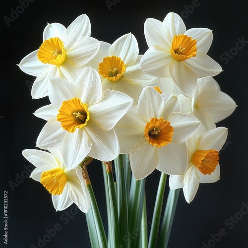 cluster of white daffodils with golden orange trumpet centers in a fresh cheerful bouquet against a dark background