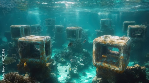 Serene underwater scene of cube-shaped concrete reef modules among coral with tropical fish and sunbeams