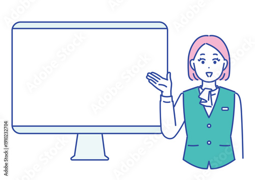 パソコンモニターを手のひらで差して案内するビジネス女性のイメージイラスト