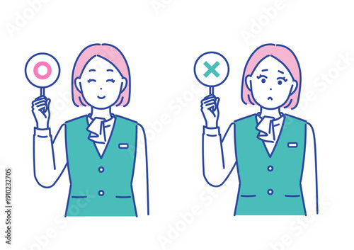 正解と不正解の札を持つビジネス女性のイラストセット
