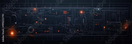 futuristic dark circuit schematic with glowing orange nodes, wireframe traces and grid conveying mysterious high-tech precision and ambient tension