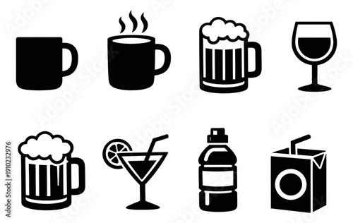 Minimalist beverage icon set featuring common drinks and containers for menu design and web graphics
