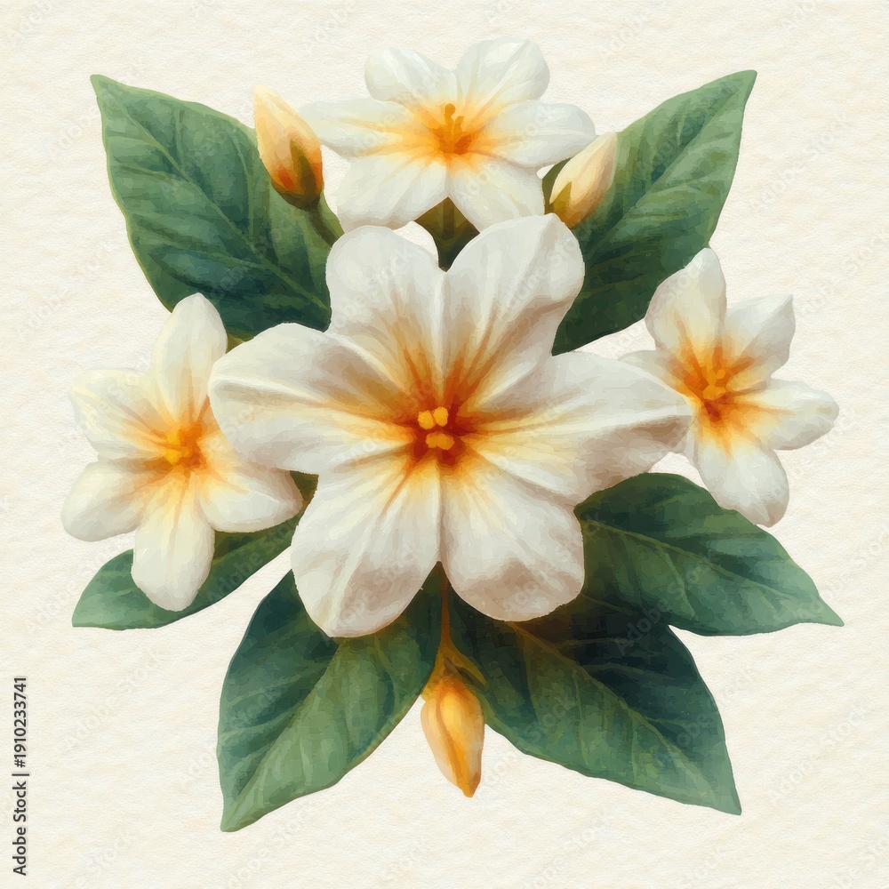 Fototapeta premium serene watercolor bouquet of white tropical flowers with yellow-orange centers, green leaves and closed buds